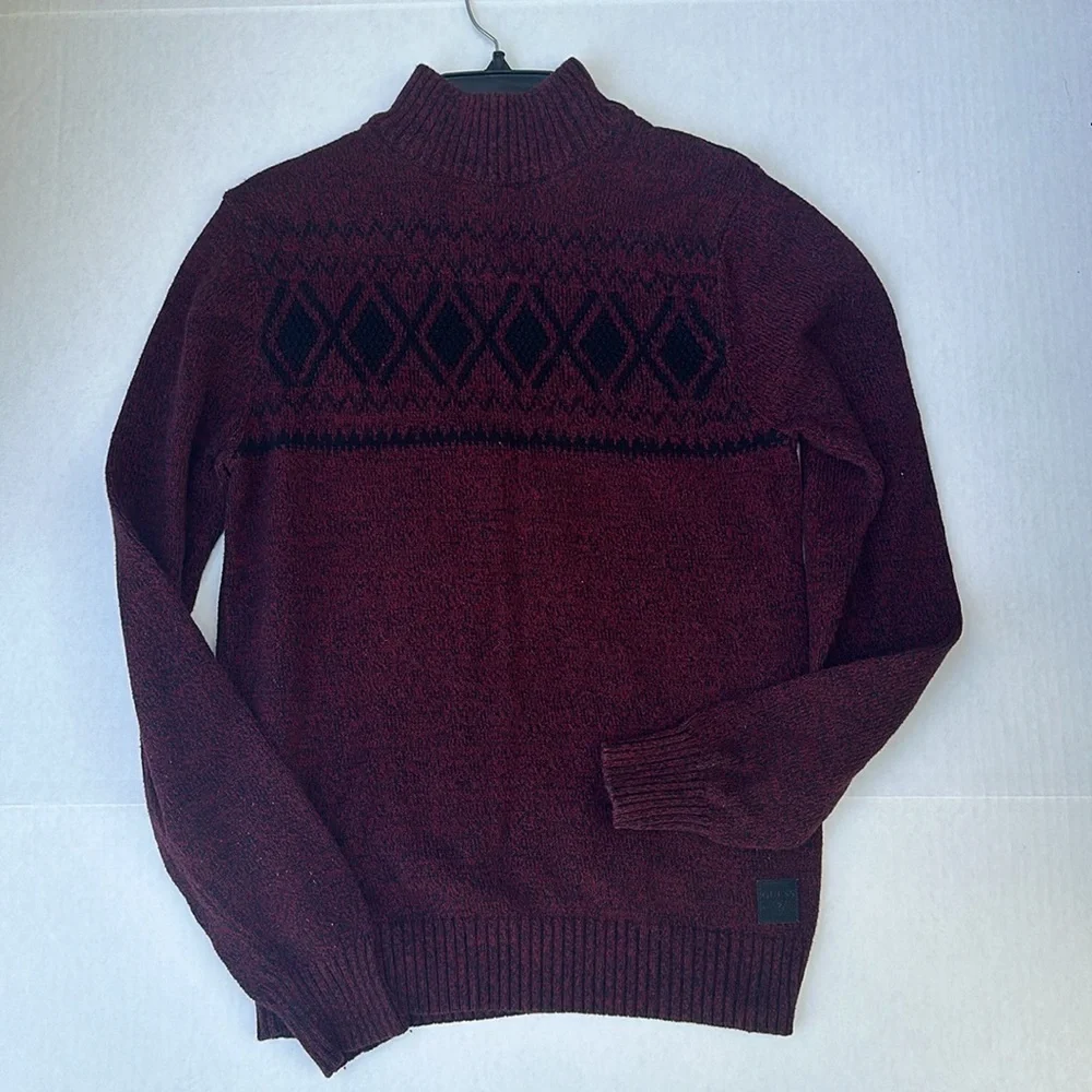 Guess Burgundy and Black Men's Cardigan Sweater SZ S